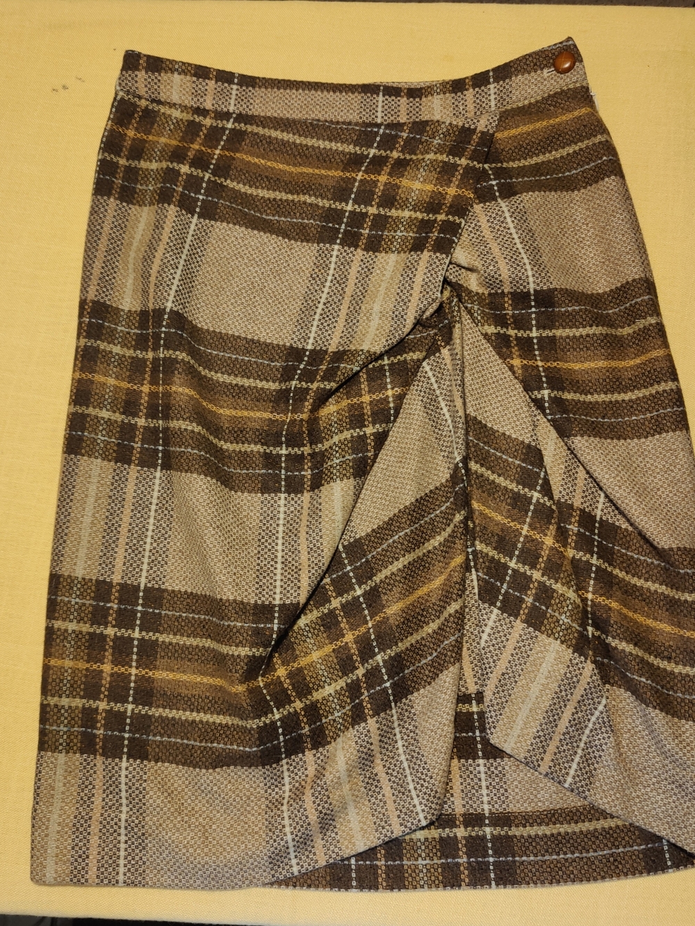 Cartonnier Brown Plaid Wrap-Style Pencil Skirt with Yellow Accents
